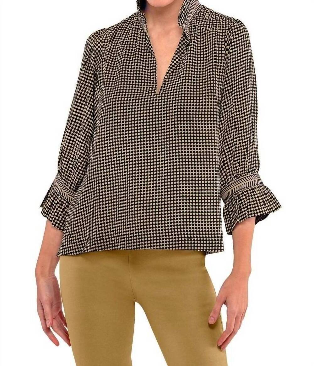 NEW GRETCHEN SCOTT ruffleneck tunic top in black/khaki